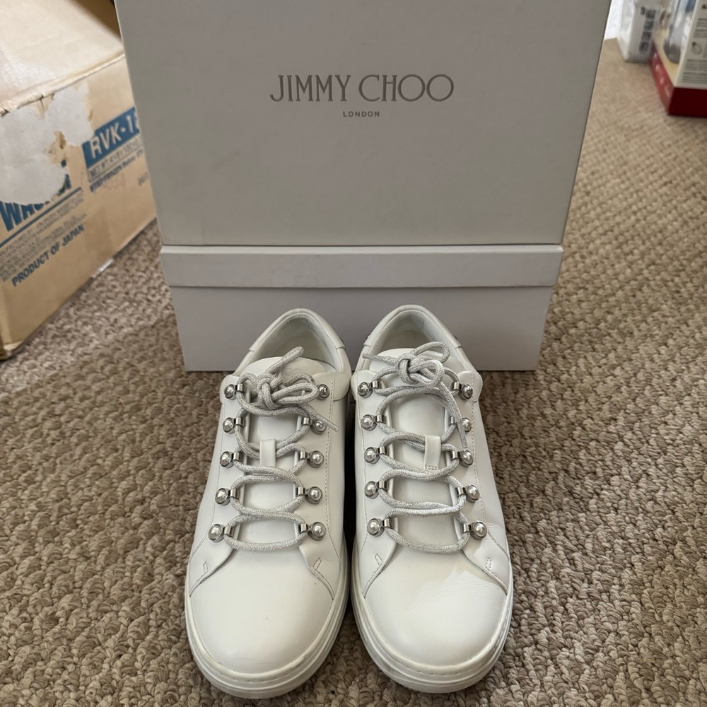 Jimmy Choo White Leather Sneakers with Silver Details